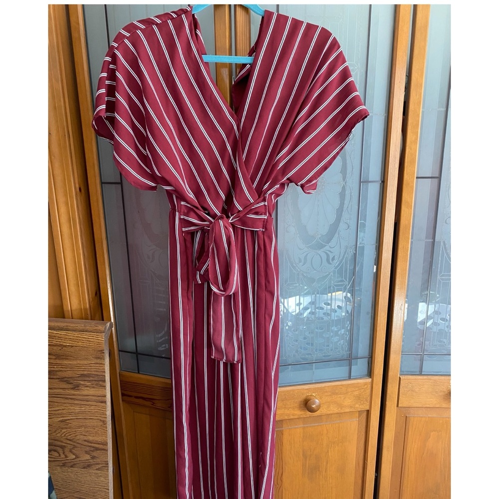 Maroon & White Striped Jumpsuit